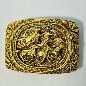 Vintage Dotty Smith Signed Equestrian yellow gold tone Gilt Horse belt buckle